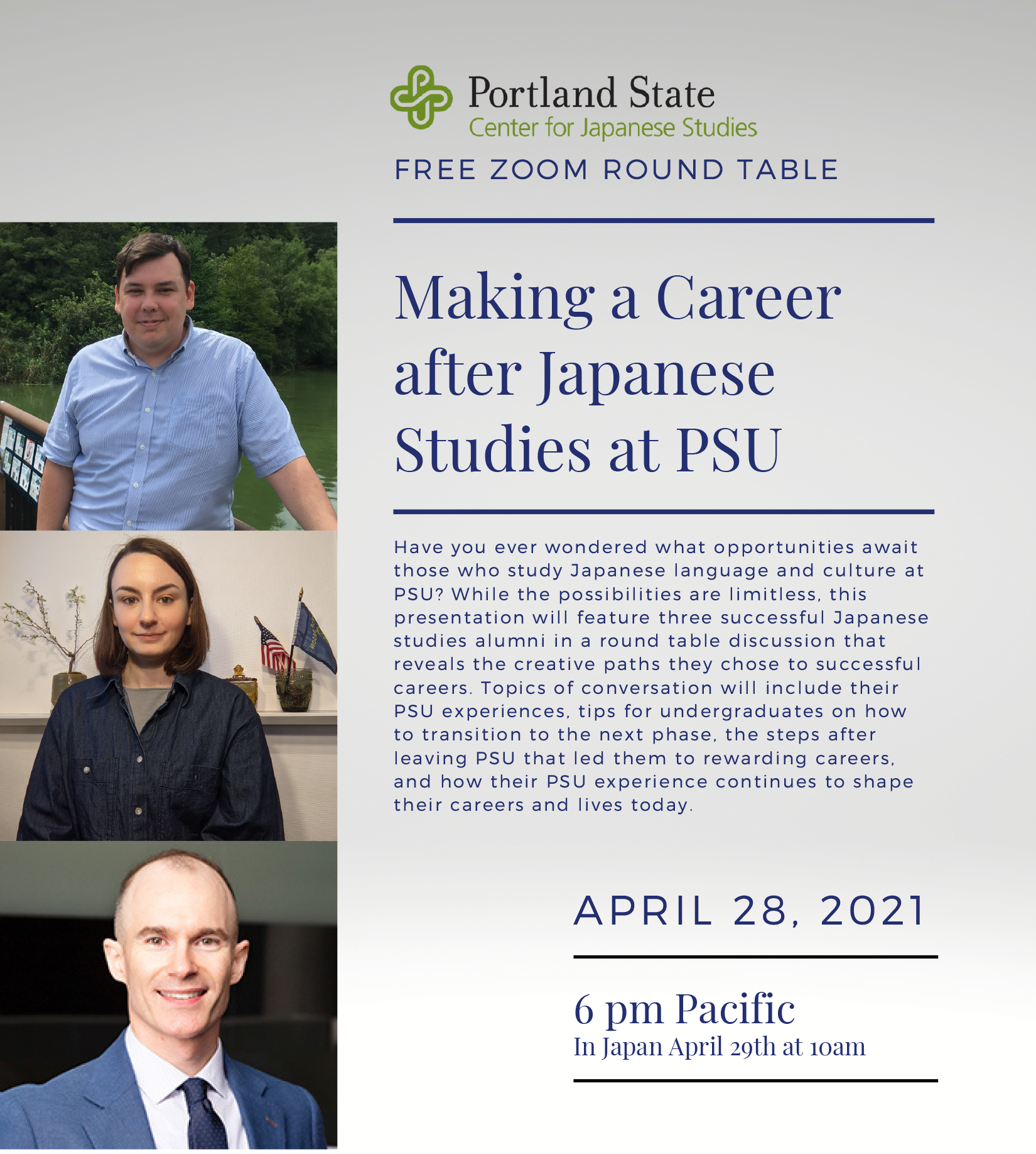 Flyer for Making a Career After Japanese Studies with photos of panelists