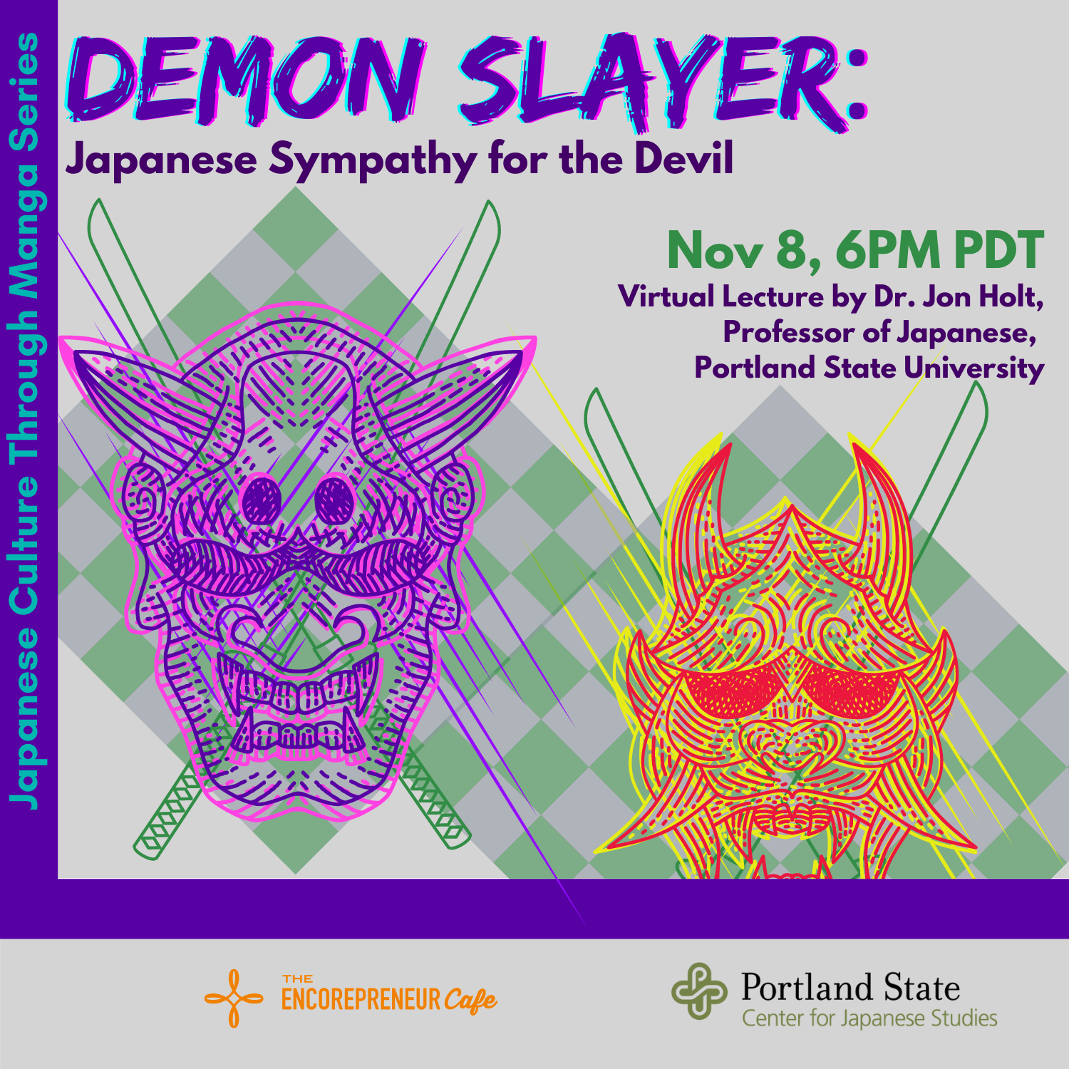 event flyer showing two demon heads on a background of green and grey checkered pattern